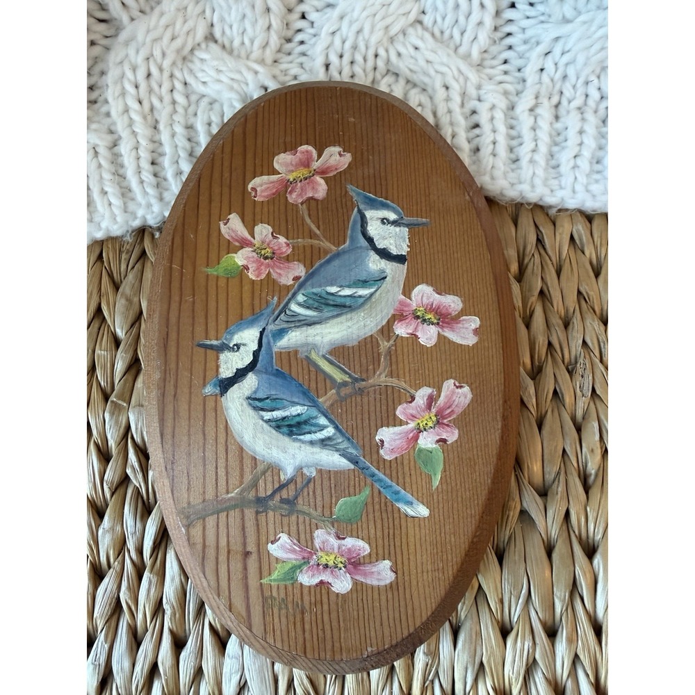 Hand Carved Wood Blue Jays Bird Plaque Artist Signed PAM Peggy Ann McCormack